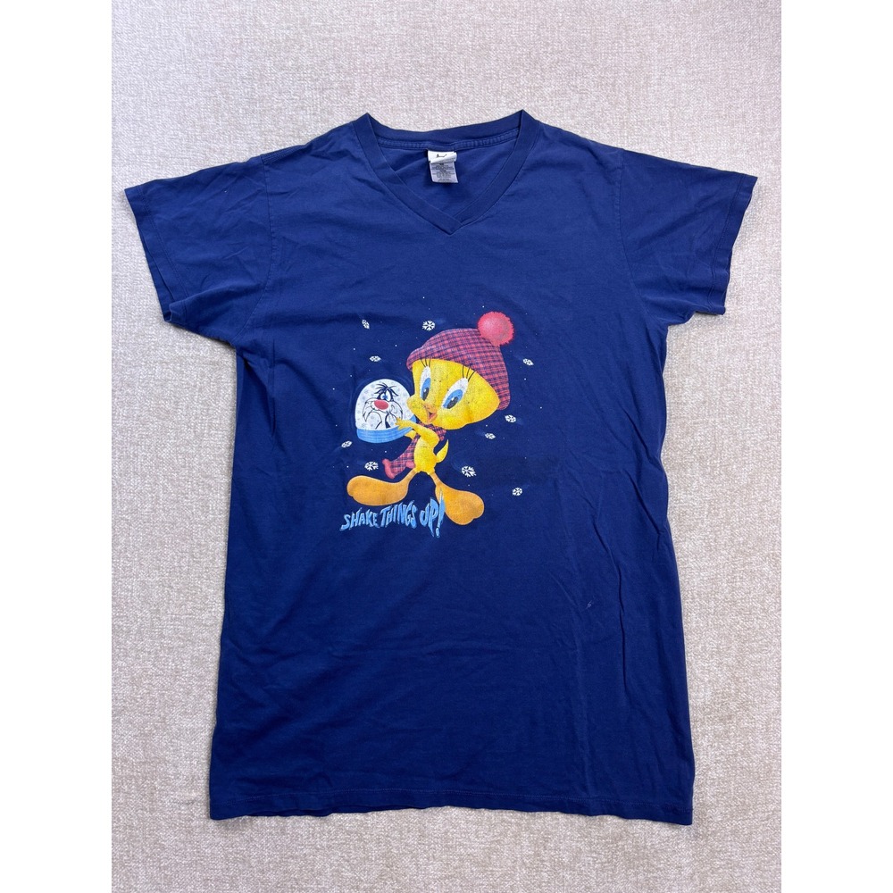 Vintage Looney Tunes Tweety Bird Navy Blue V-Neck Night Gown Sleep Shirt S/M